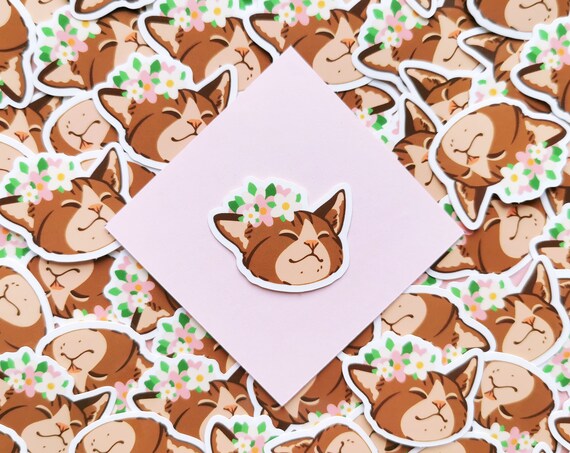 Kitty cat flowers lavender cute kawaii - Glossy waterproof vinyl sticker - Kuu Arts