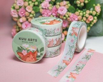 Washi tape - Kawaii cute Cat Kitty floral green masking tape - For journaling, scrapbooking, Bullet journal - Kuu Arts