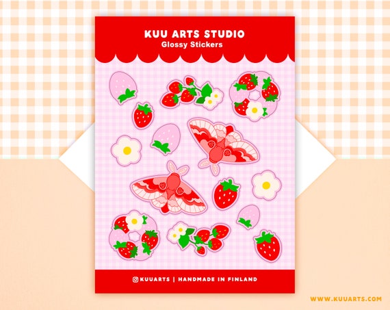 Glossy Sticker Sheet - Moth butterfly strawberries strawberry red pink girly cute kawaii
