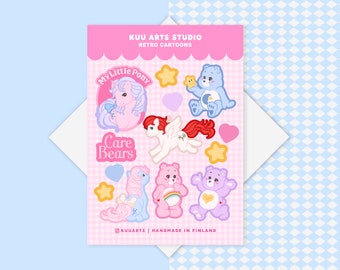 Foglio di adesivi lucidi - Cartoni animati retrò anni '80 i miei piccoli pony Care Bears - simpatici adesivi pony orsetto rosa di Kuu Arts