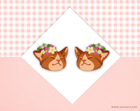 Plywood earrings - SUPER LIGHT - Cute little kitty cat kitten stud earrings - by Kuu Arts