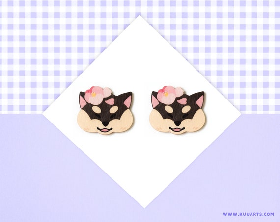 Plywood earrings - SUPER LIGHT - Shiba stud earrings - dog puppy earrings - by Kuu Arts