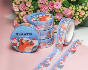 Washi tape - Kawaii cute fox winter folklore blue orange masking tape - For journaling, scrapbooking, Bullet journal - Kuu Arts