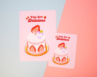 A5 & A6 Art Print - Cute kawaii cake strawberry Pink Red  - Matte velvet feel print - Kuu Arts