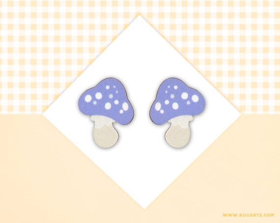 Plywood earrings - SUPER LIGHT - Cute little mushroom purple lilac lavender stud earrings - by Kuu Arts