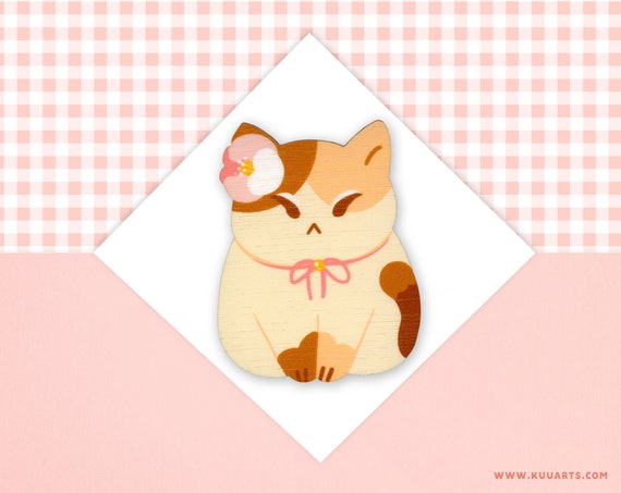 WOODEN handmade refrigerator magnet cute kitty cat Neko - Made In Finland - Kuu Arts