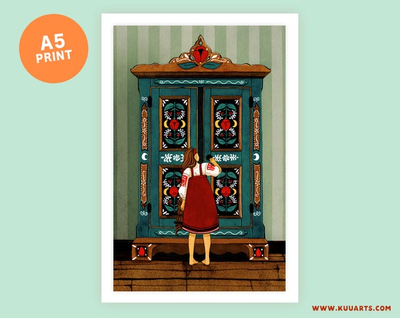 A5 Postcard Print - Folktale Karelian girl nordic cottage core watercolour - Kuu Arts