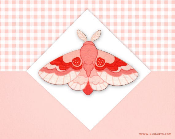 WOODEN handmade refrigerator magnet strawberry moth pink red - Made In Finland - Kuu Arts
