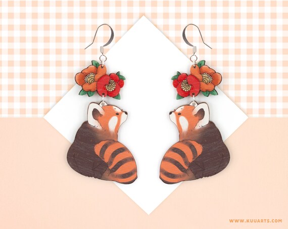 Plywood earrings - SUPER LIGHT - double sided red panda and flower hook earrings - by Kuu Arts