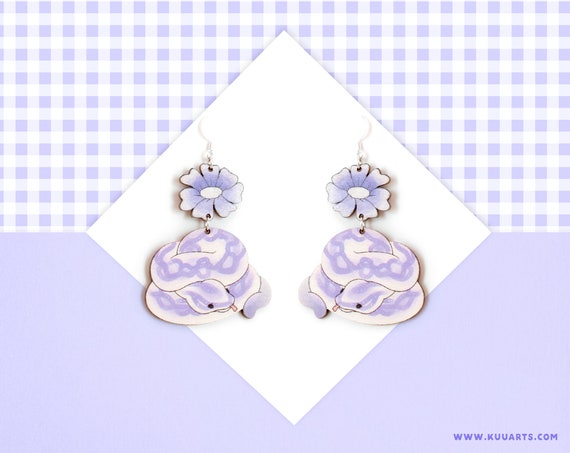 Plywood earrings - SUPER LIGHT - double sided purple snake and flower hook earrings - by Kuu Arts