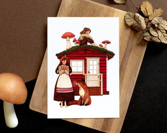 Whimsical Karelian Nordic watercolor art postcard - Mushrooms, folkart, traditional outfits - Kuu Arts