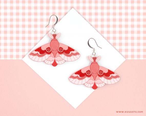 Plywood earrings - SUPER LIGHT - double sided strawberry moth red and pink hook earrings - by Kuu Arts