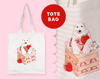Cake Polar bear strawberry Tote Bag | 100% Cotton | Grocery Bag | Polar bear Accessories | Art Bag | Cute kawaii - Kuu Arts