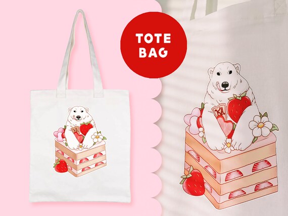 Cake Polar bear strawberry Tote Bag | 100% Cotton | Grocery Bag | Polar bear Accessories | Art Bag | Cute kawaii - Kuu Arts