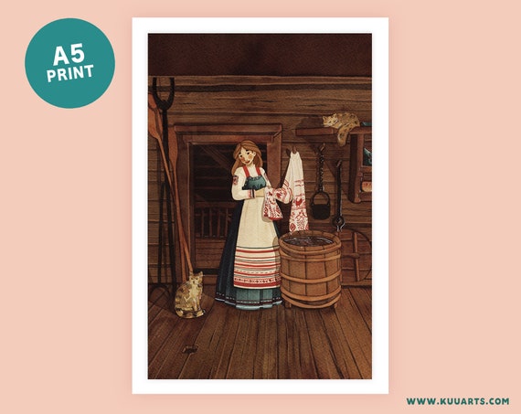 A5 Postcard Print - Folktale Karelian girl nordic cat cottage core fantasy watercolour - Kuu Arts