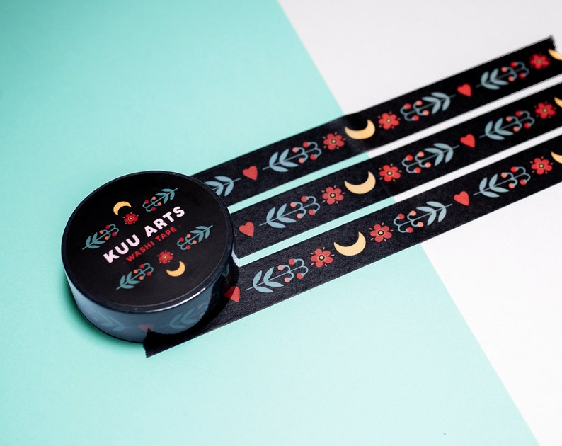 Washi tape Black moon floral Karelian folklore pattern masking tape For journaling, scrapbooking, Bullet journal Kuu Arts image 2