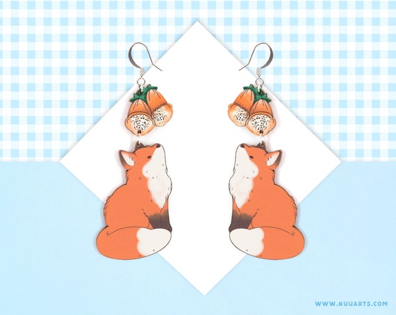 Plywood earrings - SUPER LIGHT - Large double sided fox and flower hook earrings - by Kuu Arts