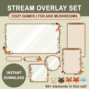 May include: A set of stream overlays featuring a cozy gamer theme with foxes and mushrooms. The overlays include a main screen, chat boxes, and other elements. The text "STREAM OVERLAY SET" and "COZY GAMER | FOX AND MUSHROOMS" is displayed at the top of the image. The text "INSTANT DOWNLOAD" is displayed in a circle at the bottom left of the image. The text "60+ elements in this set!" is displayed at the bottom right of the image.
