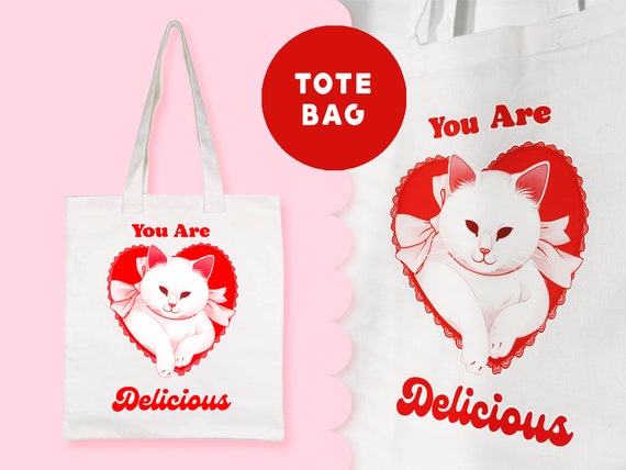 Kitty Heart Red Pink Tote Bag | 100% Cotton | Grocery Bag | Kitty Cat Accessories | Art Bag | Cute kawaii - Kuu Arts