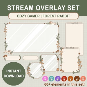 Skogskaniner, svampar, Cottagecore, Twitch Stream Overlay Set / Skogsestetik / Webbkamera / Gräns / Enkel / Emotes / Streaming-inställningar bild 1