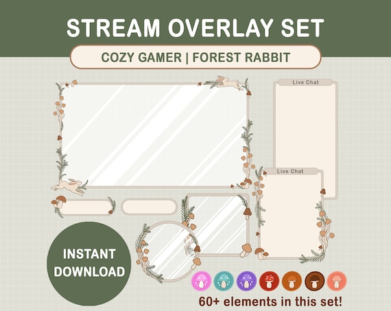 Forest Rabbits mushrooms Cottagecore Twitch Stream Overlay Set / Forest Aesthetic / Webcam / Border / Simple / Emotes / Streaming Setup