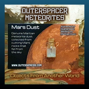 Mars Dust w butelce na karcie ekspozycyjnej, prawdziwy marsjański pył meteorytowy, kosmiczny pył skalny, astronomia, miłośnik astrologii, pomysły na prezenty naukowe