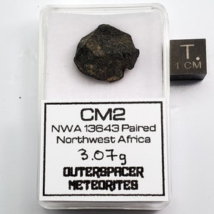 Pode incluir: Um espécime de meteorito escuro e irregular numa caixa de plástico transparente. A etiqueta diz "CM2 NWA 13643 Paired Northwest Africa 3.07g OUTERSPACER METEORITES". Há um cubo de 1 cm ao lado.