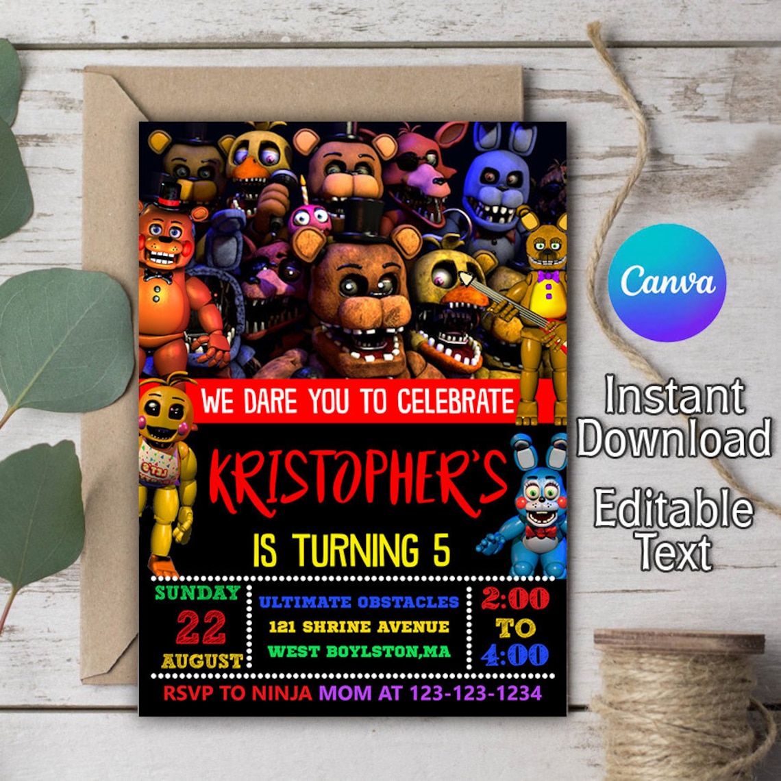 Five Nights at Freddys Birthday Invitation, Five Nights at Freddys ...