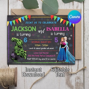 Joint Birthday Party Invitation, Hulk Invitation, Frozen Invitation, Two Themes Sibling Birthday Invite, Twins Birthday Invitation