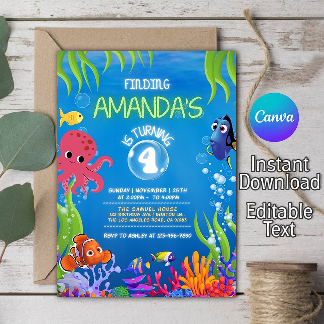 Finding Dory Invitation, Kids Digital Invite, Finding Nemo Birthday ...