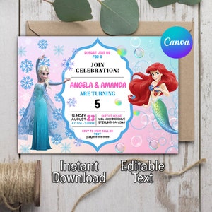 Ariel and Elsa Birthday Invitation, Joint Birthday Invite, Ariel and Elsa Invite, Twins Birthday, Sibling Birthday, Ediable Canva Template