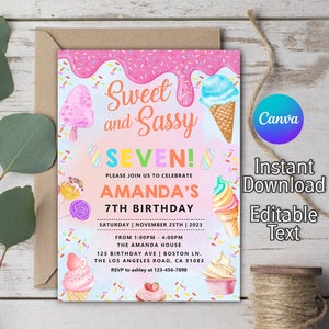 Candy SWEET SASSY et SEVEN invitation d’anniversaire de fille, Seven is so sweet 7th Birthday Invitation, Candy Sweet Sassy Invitation, Sweet Sassy