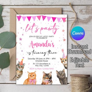 Invito di compleanno per gatti modificabile, invito per gatti carini, festa di compleanno per gattini, facciamo festa, sei il mio gattino giusto miagolio, modello Canva