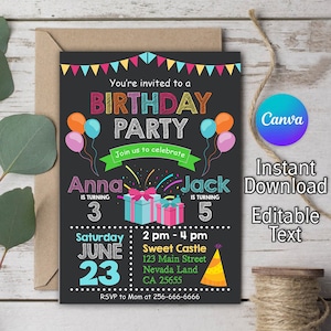 Invitation d’anniversaire des frères et sœurs, invitation des frères et sœurs, invitation conjointe, invitation commune à une fête d’anniversaire, invitation à une double fête d’anniversaire
