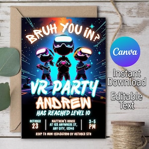 VR-verjaardagsuitnodiging, BRUH Doe je mee? VR-uitnodiging, virtual reality-uitnodiging, verjaardagsfeestje videogame, neongamer, bewerkbare canva-sjabloon