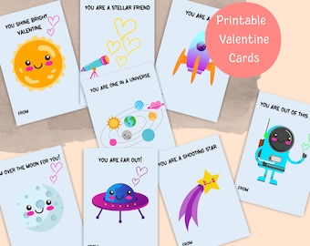 Space Valentine Card Set, Printable School Valentines, Classroom Valentine Party, Instant Download