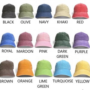 May include: A collection of baseball caps in various colors, including black, olive, navy, khaki, and red. Each cap has a curved brim and a fabric strap. The image also shows caps in royal, maroon, pink, dark green, purple, brown, orange, lime green, turquoise, and yellow.