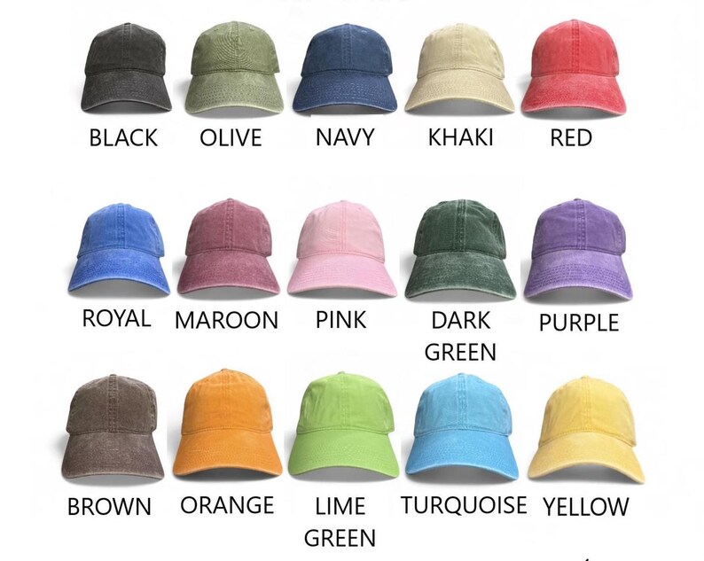 May include: A collection of baseball caps in various colors, including black, olive, navy, khaki, and red. Each cap has a curved brim and a fabric strap. The image also shows caps in royal, maroon, pink, dark green, purple, brown, orange, lime green, turquoise, and yellow.