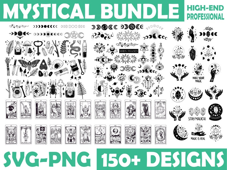 May include: A digital download of 150+ mystical and magical illustrations in black and white. The illustrations include moon phases, crystals, hands, tarot cards, and more. The text "MYSTICAL BUNDLE HIGH-END PROFESSIONAL SVG-PNG 150+ DESIGNS" is at the top and bottom of the image.