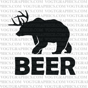 May include: Black and white silhouette of a bear with antlers standing on its hind legs. The bear is holding a beer mug in its front paws. The text "BEER" is below the bear.