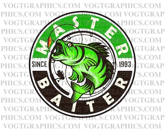 Gráfico de pesca de lubina Master Baiter / Descarga digital / Sublimación de lubina PNG / Sublimación de pesca PNG / Pesca de lubina PNG / Pescador png