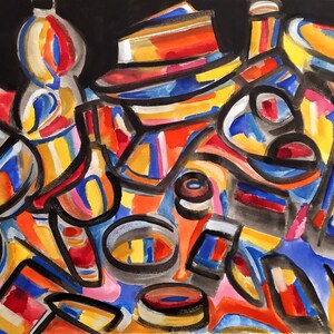 Still life with hat, 2020, acrylic and watercolors on canvas, 60 x 37 cm