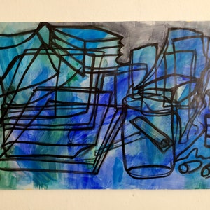 Natura morta con libri sul blu, 2020, acrilico su carta, 48 x 33 cm