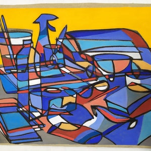 Nature morte en jaune et bleu, 2020, acrylique sur toile, 70 x 56 cm