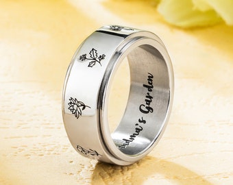 Personalized Custom Text Birth Flower Ring Sterling Silver Engrave Month Flower Floral Wildflowers Daisy Finger Gifts for Her Women Men Girl