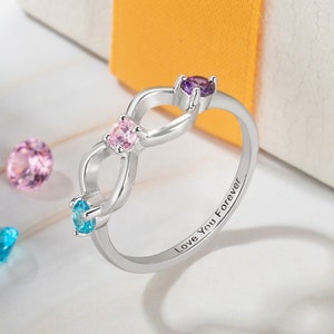 925 Sterling Silver Personalized Infinity Mothers Rings with 3 Birthstones Custom Engraved Engagement Promise Rings for Women