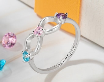 925 Sterling Silver Personalized Infinity Mothers Rings with 3 Birthstones Custom Engraved Engagement Promise Rings for Women