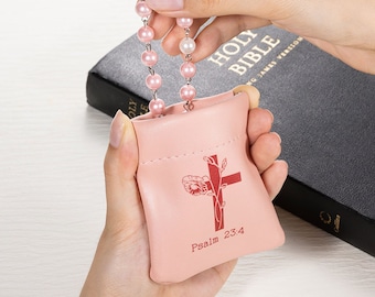 Personalized Cross with Birth Flower Bouquet Leather Rosary Pouch with Squeeze Top, 1st Communion and Confirmation Gift, Mother‘s Day Gift