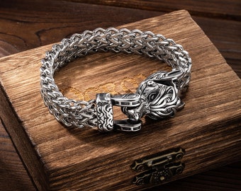 Customized Viking Norse Jewelry, Stainless Steel Wolf Eagle Dragon Head Bracelet, Punk Bracelet Motorcycle Jewelry, Gift for Men/Father