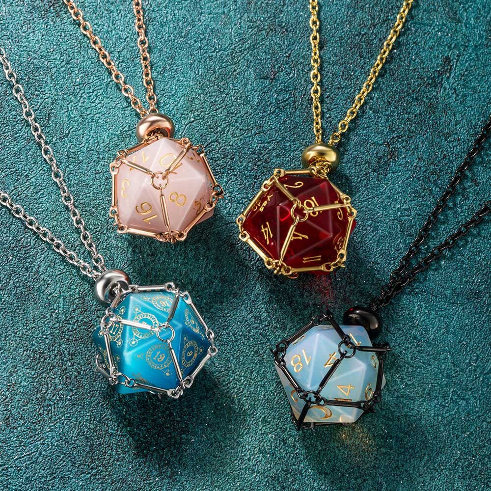 PJOY Collier Cage Dés DND Argenté Noir - Support D20 Acier Inoxydable